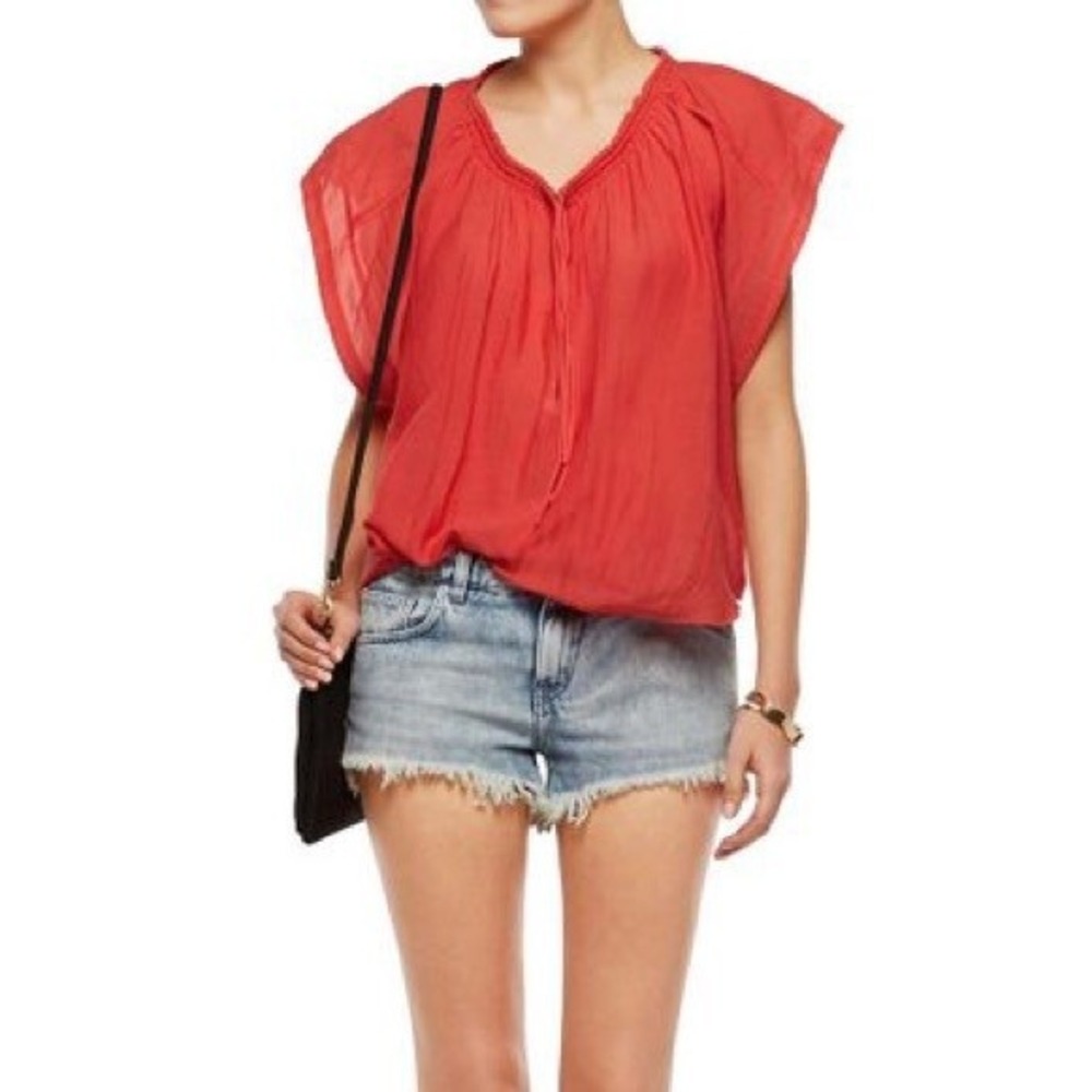 IRO Maeva Red Coral Cap Sleeve Tie Neck Voile Blouse Gauze Popover Top US Size 6